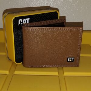 CAT CATERPILLAR MEN'S LEATHER BIFOLD WALLET BROWN RFID SHIELD CATERPILLAR WALLET